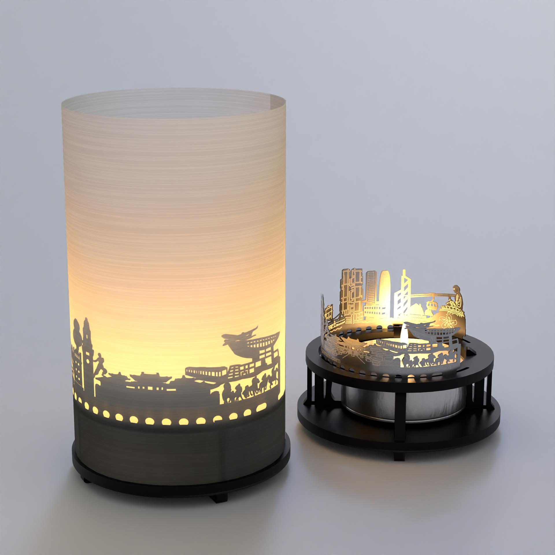 3411_souvenir_hongkong_motivkerze_schattenspiel_skyline_postkarte_lippo-center_kowloon-star-ferry_western-market_clock-tower_chi-lin-nunnery